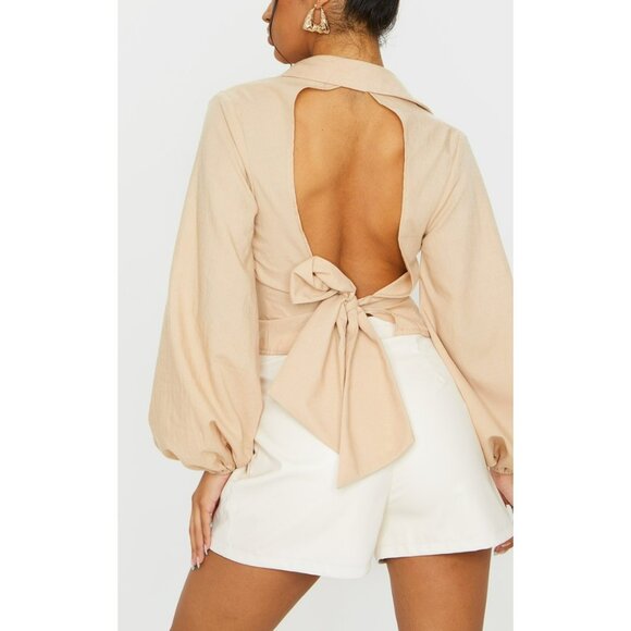 Pretty Little Things Sand Woven Open Back Tie Long Sleeve Shirt Size 4 - Picture 3 of 9